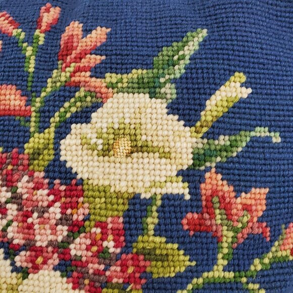 Vintage Floral Needlepoint Petit Point Tapestry Pillow Blue Corduroy 14"x14" - Picture 3 of 8